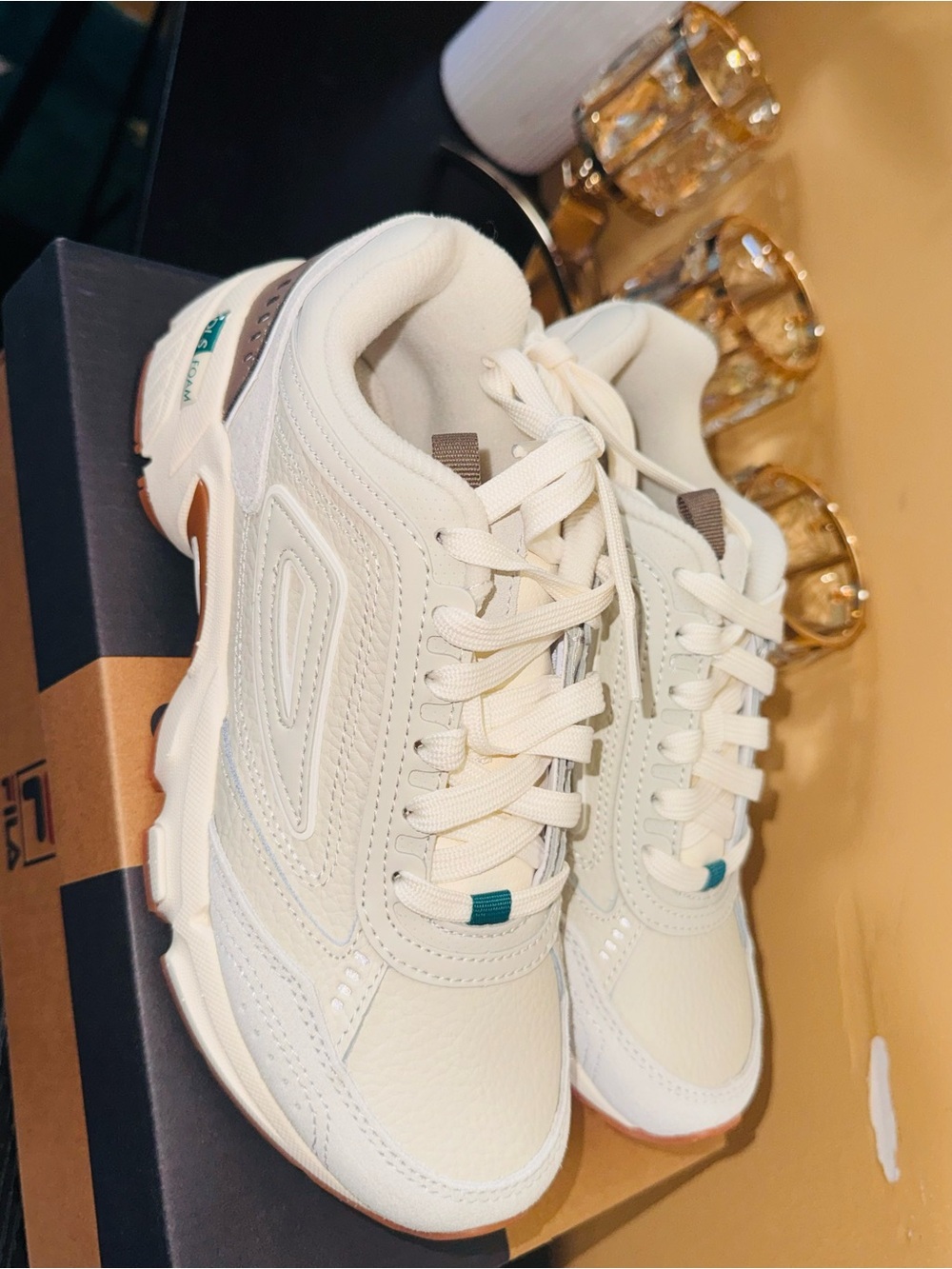 Fila Women's Off-White Chunky Lace-Up Sneakers with Teal Accent